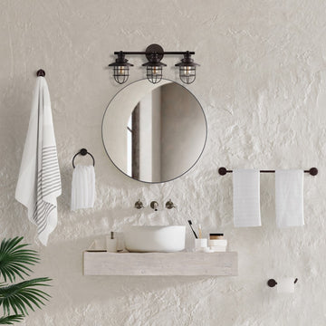 Ellis 24" 3-Light Industrial Farmhouse Vanity Light with Bathroom Hardware Accessory Set - JONATHAN Y